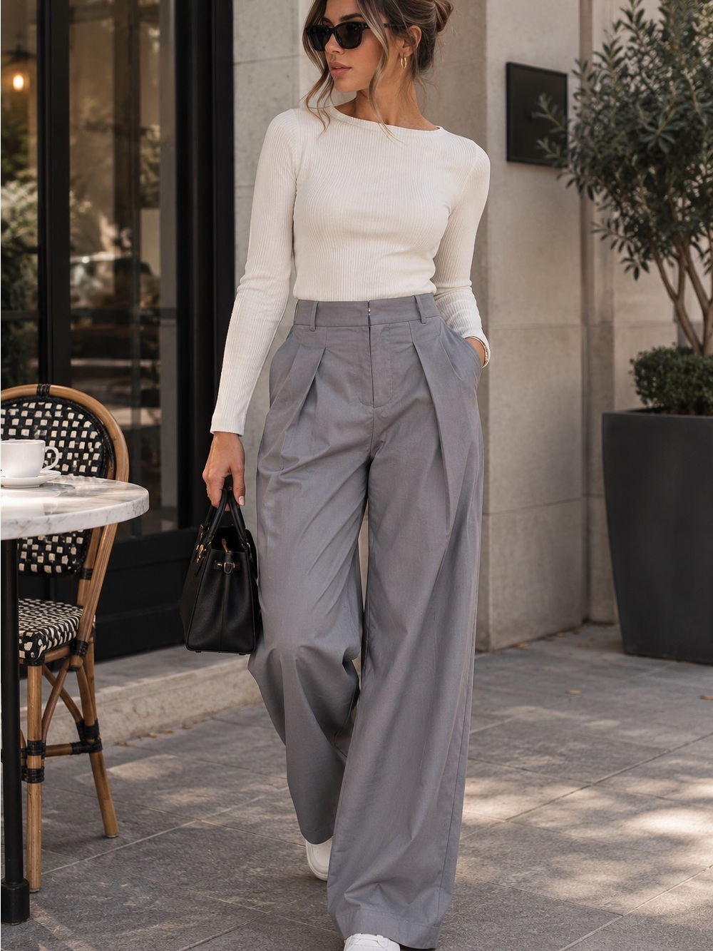 COMMENSE Gray High-Waisted Wide-Leg Pleated Trousers